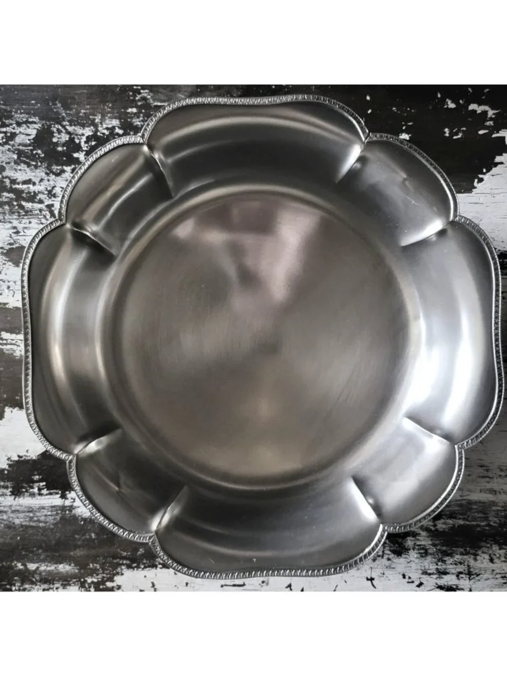 Vtg Footed Pewter Serving Bowl Centerpiece Bowl Ornate Details Scalloped Edges